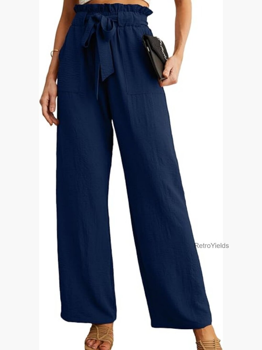 High Waist Wide Leg Pants with Pockets Adjustable Knot Casual Trousers